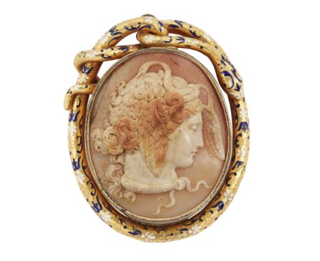 A 19th century cameo brooch, the shell cameo depicting Medusa (cracked), to a serpent or snake form mount with blue and white
