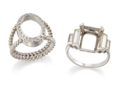 Two diamond set ring mounts, both with vacant centre collets, the first with graduated baguette cut diamond set shoulders and