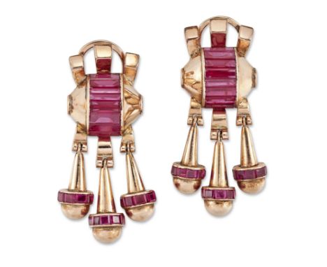 A pair of gold synthetic ruby drop earrings,&nbsp;each earring composed of a barrel shaped panel channel set with baguette-cu