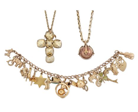 A group of jewellery, comprising: a 9ct gold charm bracelet with assorted charms to include a 9ct gold Connemara marble shamr