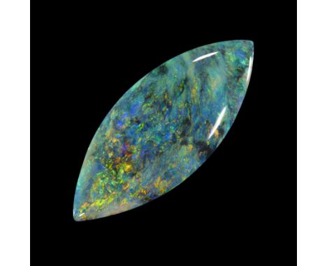 An unmounted marquise shaped black opal,&nbsp;33 x 14 x 5mm, approximately 12.1 caratsProvenance: The Wasserberg collection, 