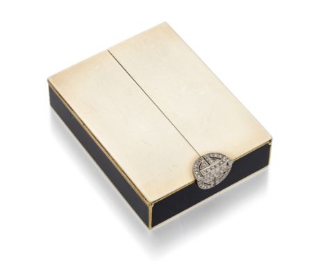 An American Art Deco diamond and enamel compact, of rectangular form with black enamelled sides, rose cut diamond set hinged 