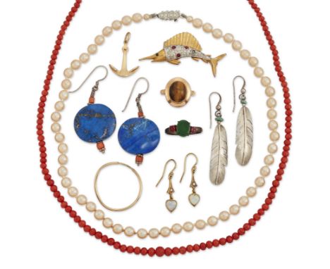 A group of jewellery,&nbsp;including: a pair of 9ct gold opal drop earrings; a single hoop earring stamped 585; an anchor cha