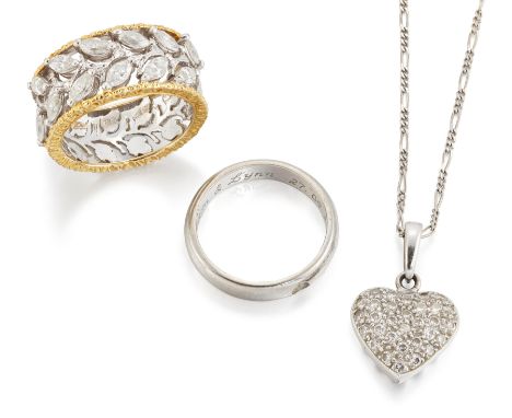A small group of jewellery, comprising: a pierced foliate band ring claw set to the upper half with marquise cut diamonds, st