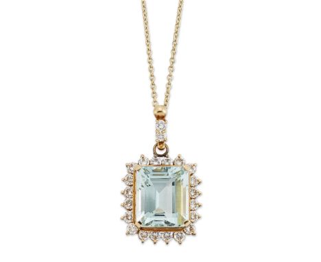 An 18ct gold aquamarine and diamond pendant,&nbsp;with an emerald cut aquamarine, approximately 12.5 x 10.8mm, to surround of
