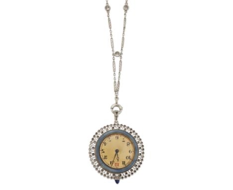 A Belle Époque platinum, enamel and diamond set fob watch on diamond set chain Swiss lever movement, champagne dial with prin