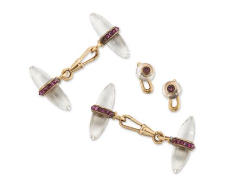 A pair of gold mounted rock crystal quartz and ruby cufflinks and two matching studs, the cufflinks with rock crystal quartz 