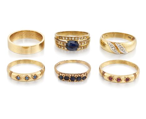 A group of six rings, comprising: a 9ct gold sapphire five stone ring, Birmingham hallmarks, ring size Q; an Italian single c