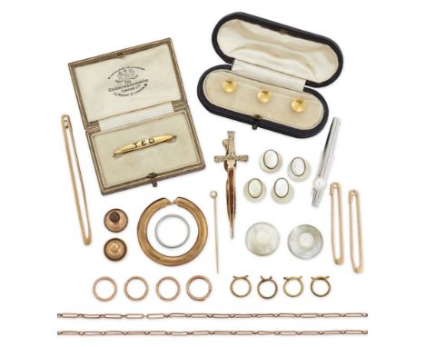 A group of jewellery, comprising: a gold enamelled 'Ted' brooch; a cultured pearl set tie slide; three 18ct gold dress studs 