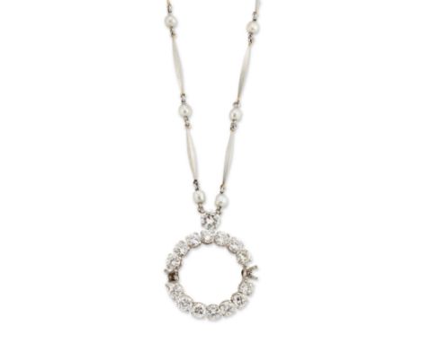 A diamond wreath pendant on chain, the circular hoop claw set with a single row of brilliant cut diamonds, (two diamonds defi