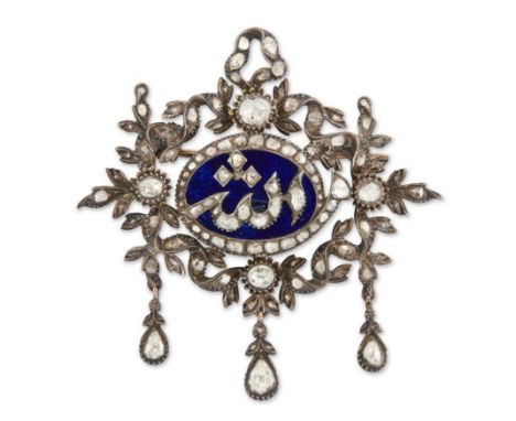 A 19th century Turkish diamond and enamel brooch, with rose cut diamond set Arabic script collets to a blue enamel ground wit