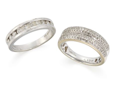 Two 9ct white gold half hoop diamond rings, one with a single row of channel set brilliant cut diamonds, Sheffield hallmarks,