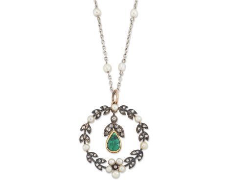 An emerald, diamond and seed pearl wreath pendant,&nbsp;the rose cut diamond and seed pearl wreath suspending a pear cut emer
