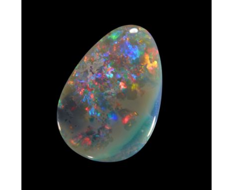 An unmounted pear shaped dark/semi-black opal, 28 x 19 x 6mm, approximately 19.2 caratsProvenance: The Wasserberg collection,
