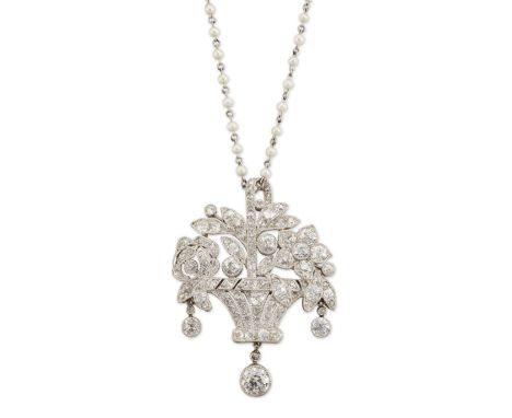 A Belle Époque platinum and diamond giardinetti pendant and chain, the floral basket millegrain set with old brilliant cut di