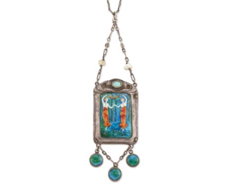 An Arts &amp; Crafts enamel pendant,&nbsp;the enamel plaque depicting two maidens dancing in a forest holding a garland, with