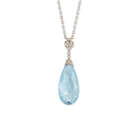 An aquamarine and diamond pendant,&nbsp;with a briolette aquamarine to rose cut diamond set bell cap and pierced diamond set 