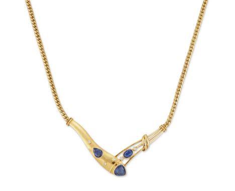 A sapphire and diamond necklace, with a V shaped centrepiece bezel set with sapphires and brilliant cut diamonds, to a curb l