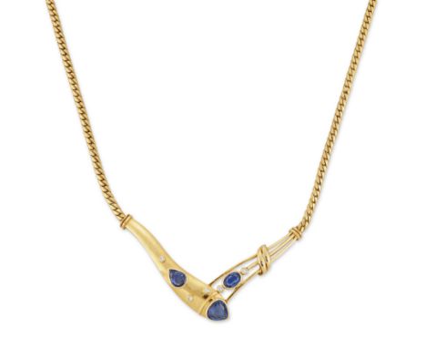 A sapphire and diamond necklace, with a V shaped centrepiece bezel set with sapphires and brilliant cut diamonds, to a curb l