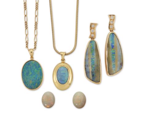 A group of opal jewellery, comprising a pair of free form boulder opal drop earrings, each opal drop in collet mount suspende