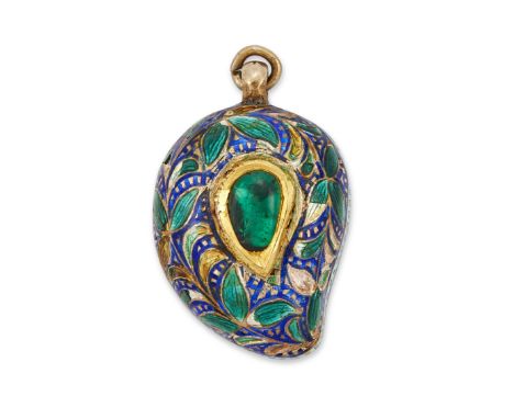 An Indian gem pendant, of drop shaped design with central green foiled gem and green and blue translucent enamel decoration, 