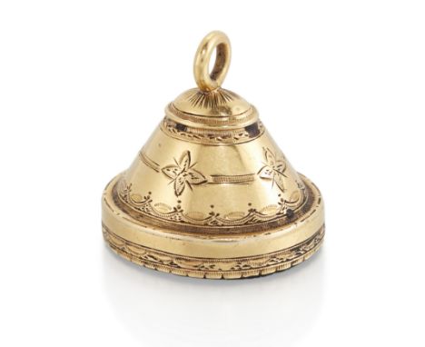 A late 18th century gold mounted Tassie glass erotic intaglio fob, the brown paste intaglio with motto 'pie repone te' and cr