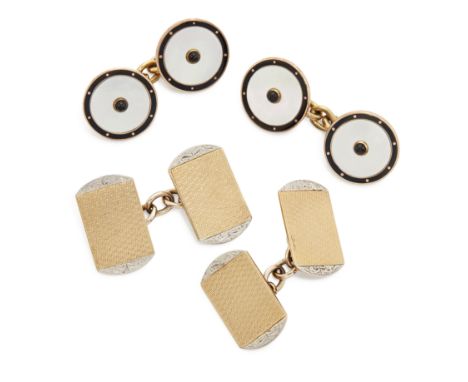 Two pairs of cufflinks,&nbsp;comprising: a pair of 9ct gold mother of pearl, onyx and black enamel cufflinks by Cropp &amp; F