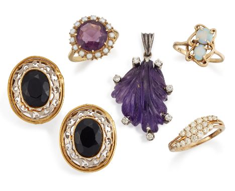 A group of jewellery,&nbsp;comprising: a purple paste cluster ring, ring size L-M; a two stone opal ring, stamped 14k, ring s