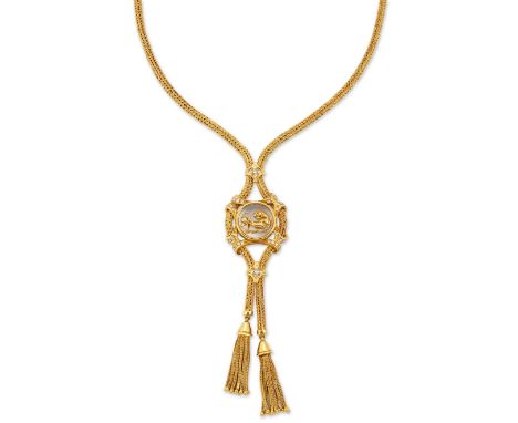 Lalaounis. A rock crystal and diamond 'The Shield of Achilles' lariat necklace, centring on a rock crystal cabochon with appl
