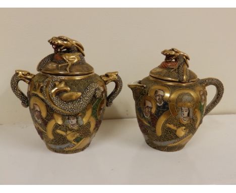 A Satsuma covered sugar basin & matching milk jug (2)