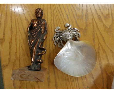 A copper finish male figure in the antique style and a mother-of-pearl shell and plated metal crab dish  (2)