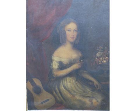 Late 18th/Early 19thC School – oil on re-lined canvas – Portrait of a seated young lady holding a songbird , a guitar and urn