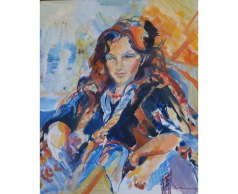 Heather Jansch – oil on board – Portrait of a seated woman, signed & dated 1985, 23.5” x 19.5”