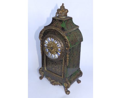 A 19thC French green boulle marquetry mantel clock, the eight day movement striking on a bell – 'A&N',  12” high