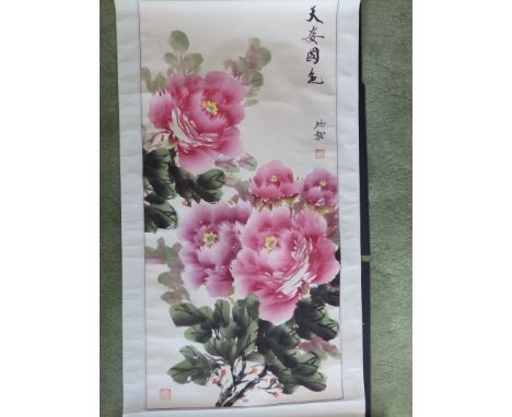 A 20thC Chinese signed colour printed scroll wall hanging depicting pink flowers, 37” x 18”