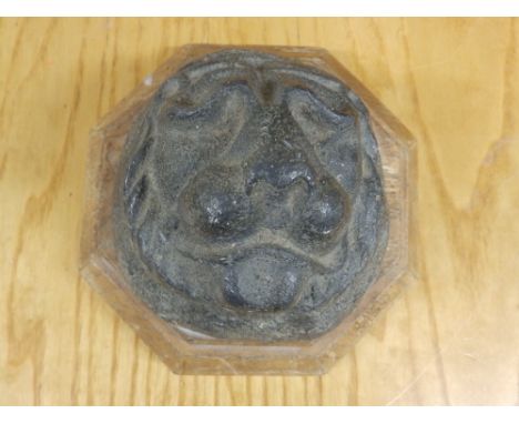 A small architectural lion head  terminal on later wooden base