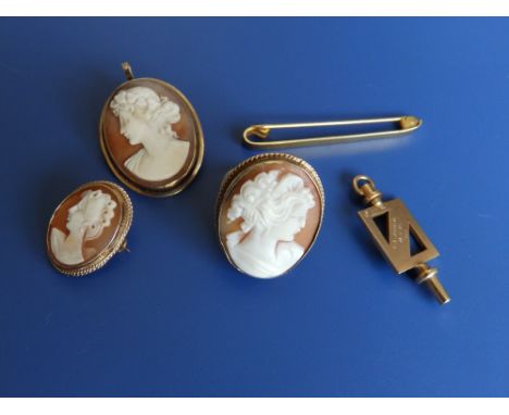 A 10K New York University 'key' pendant, a tie pin and three cameos (5)