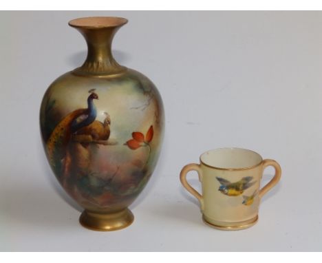 A small Royal Worcester vase painted birds and a miniature loving cup (2)