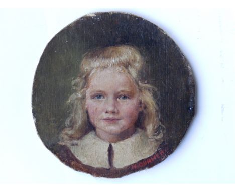 Margery Curwen – oil on circular canvas board – Head & shoulders portrait of a young girl with blonde hair,  4” diameter