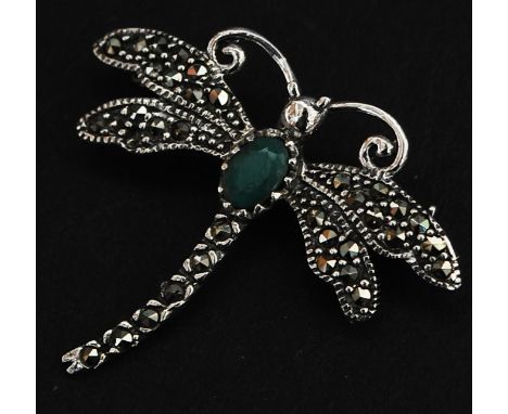 A silver and marcasite and jade dragon fly brooch. Total weight 3.3g