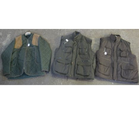 Two men's quilted dark green hunting gilets or bodywarmers with multiple pockets, one by Blue Fin (size XL), the other by MBC