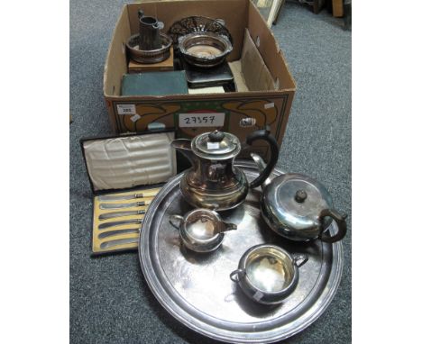 Box of assorted metalware to include; Indian design silver plated tray, other plated items including; wine coasters, milk jug