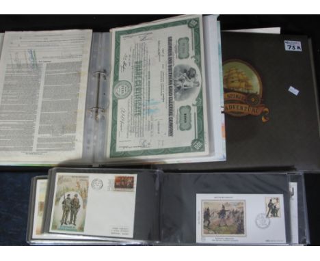 Album of various Army and RAF covers plus two files of share certificates: Daryl Industries; Pan American World Airways; Pan 