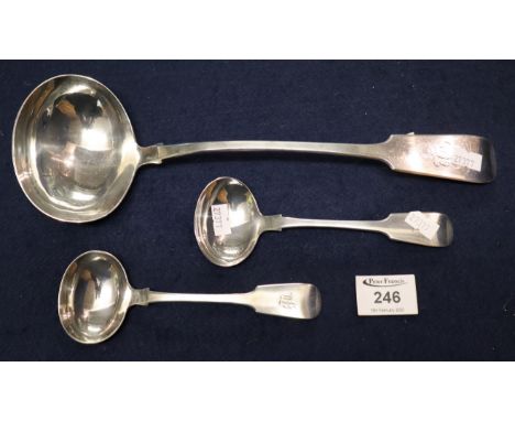 Large silver ladle, unusually hallmarked for Newcastle 1866, together with a matching pair of smaller sauce ladles with simil