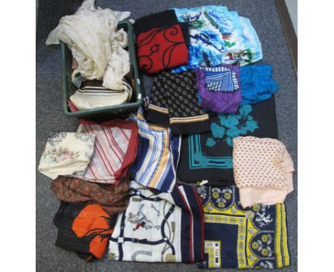 Box of silk and other vintage scarves to include; spotty, equine, commemorative, souvenir etc. (B.P. 24% incl. VAT)