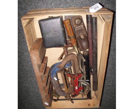 Wooden box containing assorted tools to include; planes, set square, clamps, Avominor meter etc.(B.P. 24% incl. VAT)