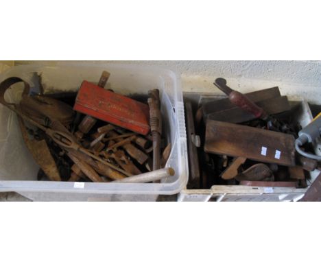 Two plastic boxes containing assorted tools, planes, tape measure etc. (2)(B.P. 24% incl. VAT) 