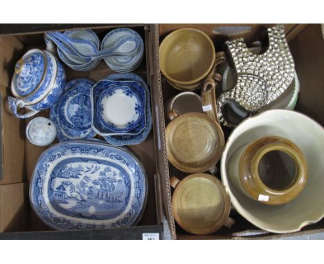 Two boxes of assorted china to include; Spode blue and white teapot and other Spode and blue and white items, pottery bowls, 