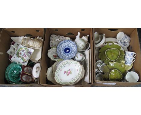 Three boxes of assorted china to include; leaf and shell design green plates, Portmeirion 'Botanic Garden', 'Summer Strawberr