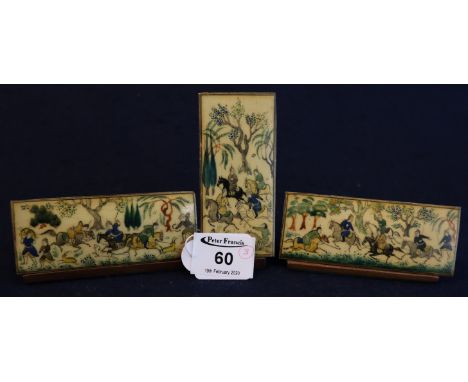 Three Islamic hand painted polychrome plaques depicting mounted horseman in hunting scenes, painted on bone, all on wooden st